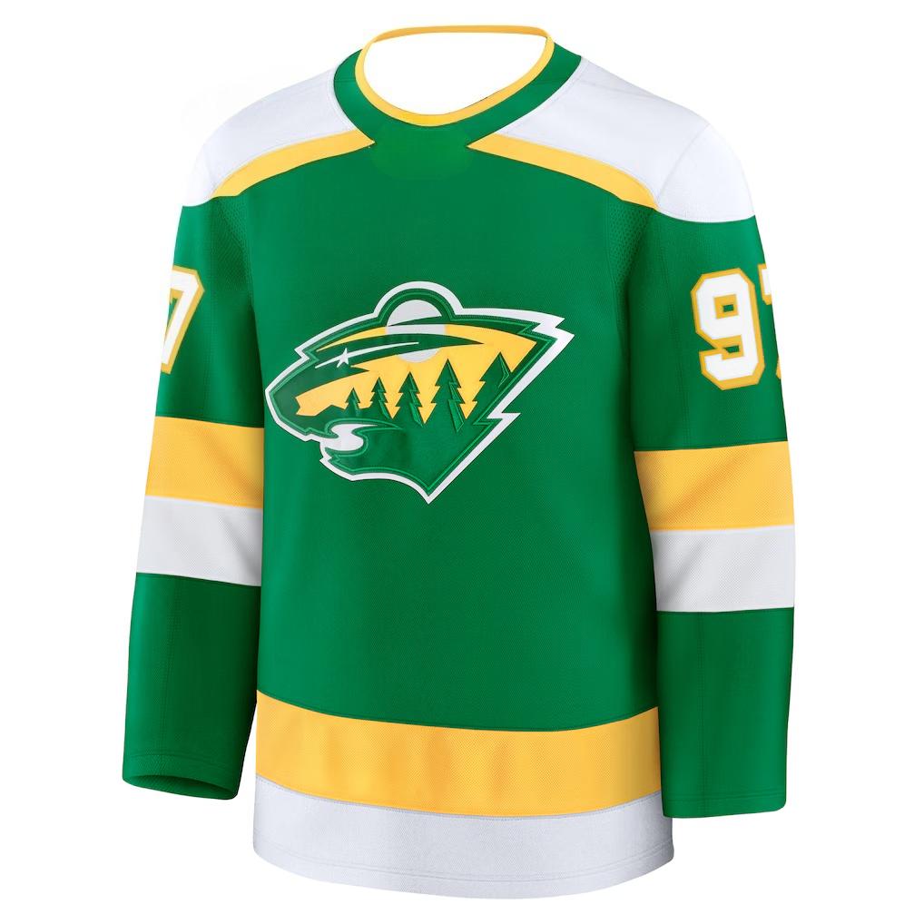 Minnesota Wild Hockey Jersey Nashville Predators Jersey Green with Yellow/White Accents "Kaprizov 97" Wild Logo Jersey Long Sleeve V-neck Tshirt