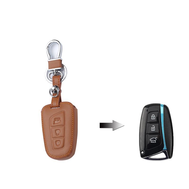Hyundai IX35/45 New Santa Fe Genuine Leather Key Fob Cover - 3/4-Button Protection
