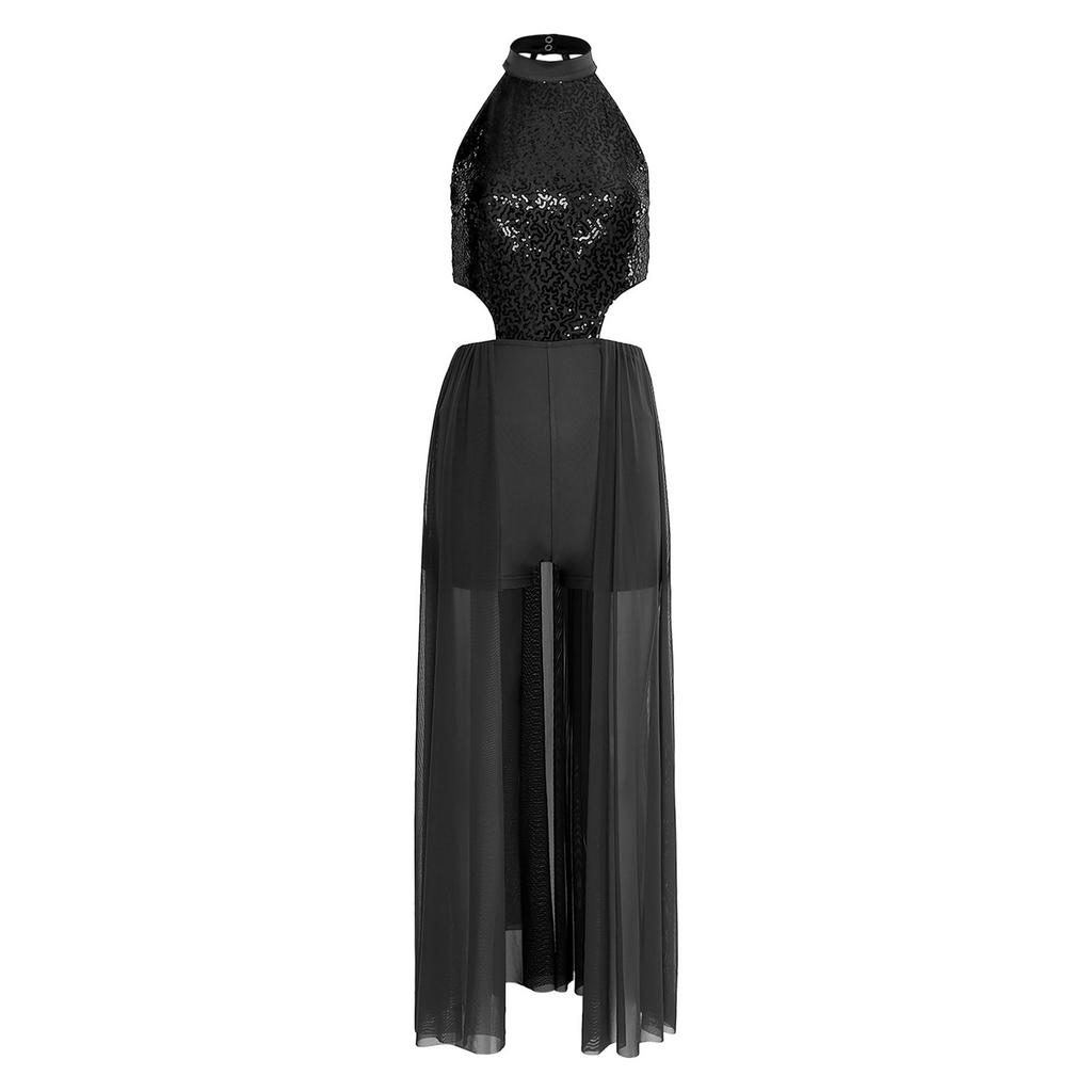 Damen rückenfreies Bodysuit-Kleid Pailletten-Oberteil Netzrock integrierter kurzer Unterteil Tanzkleidung