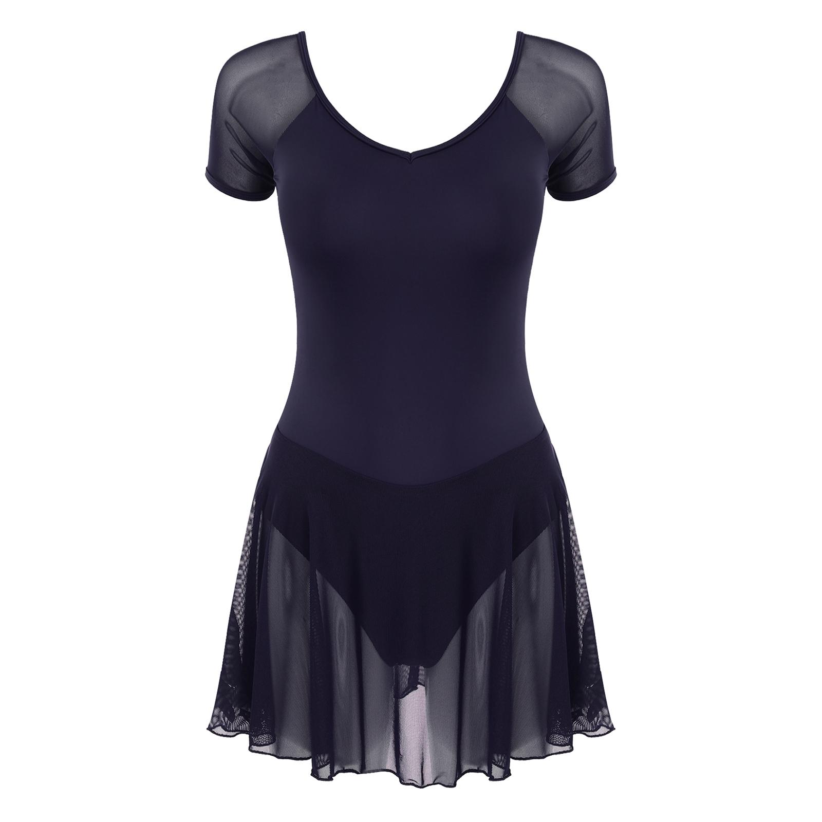 

Жіночий прозорий сітчастий купальник з відкритою спинкою та рюшами для балетної гімнастики, тренувань, сценічних виступів M темно-синього кольору