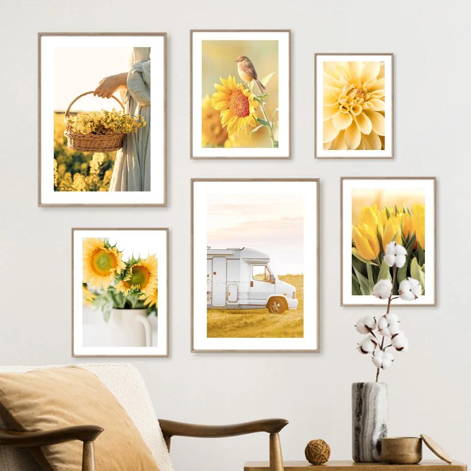 Canvas Painting Gold Sunflower Tulip Dahlia Daisy Orange Nordic Wall Art Posters and Prints Wall Pictures for Living Room Decor
