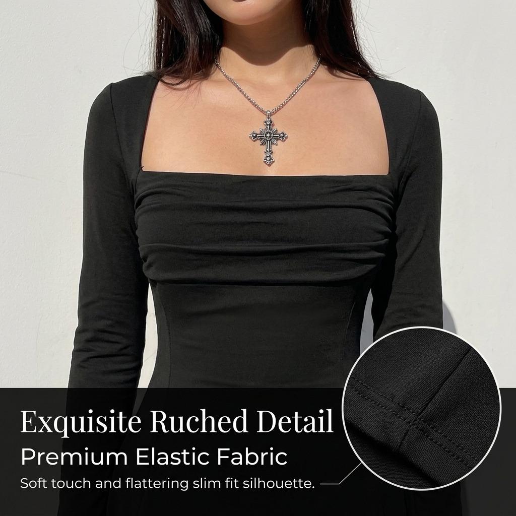New Spring/Summer Women'S Fashion Simple Black Square Neck Dress Versatile Elegant Long Sleeve Short Dress