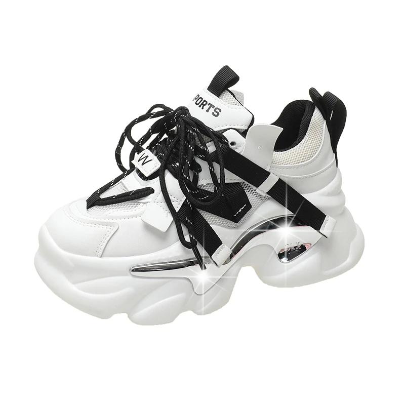 

Thick Sole Women Breathable Leather Sneakers Fashion 8CM Heels High Platform Outdoor Sport Dad Shoes Trainers White Chunky Shoes 40 чорний