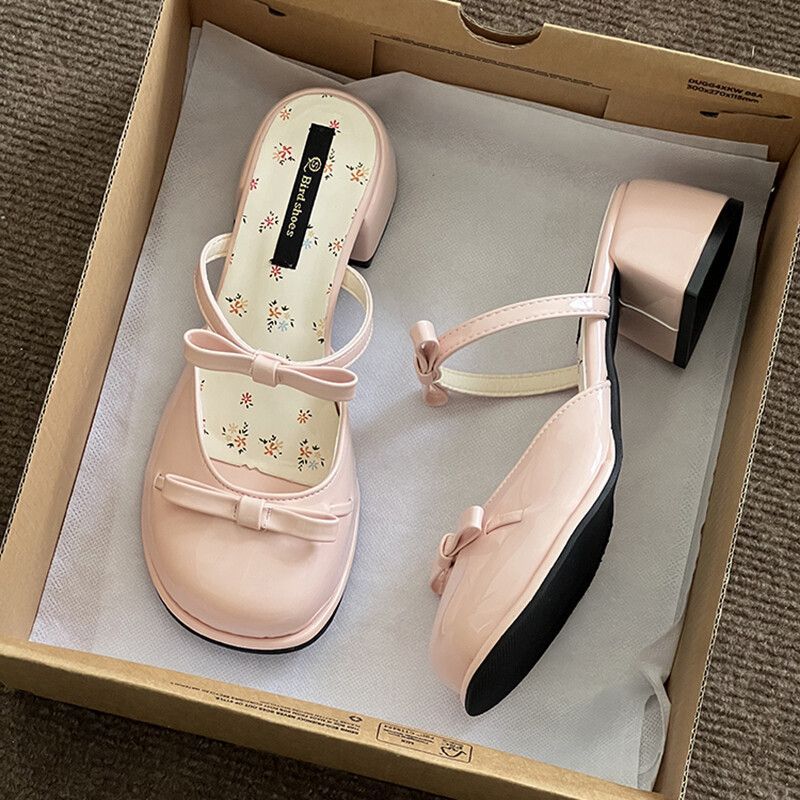 Fairy style bow wedge single shoes women's outer wear 2025 new open-toed square head with skirt temperament slippers tide