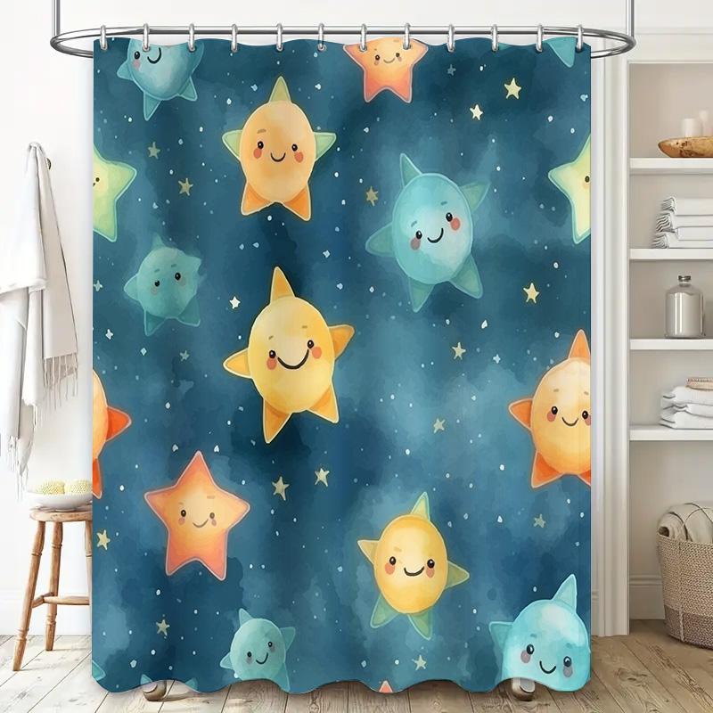 Blue Stars Shower Curtain Cute Cartoon Design For Bathroom Decorations