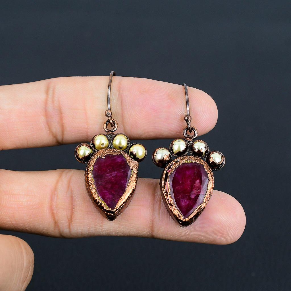 Ruby Earrings Gemstone Jewelry, Copper Electroformed Handmade Earrings, Latest Design Jewelry