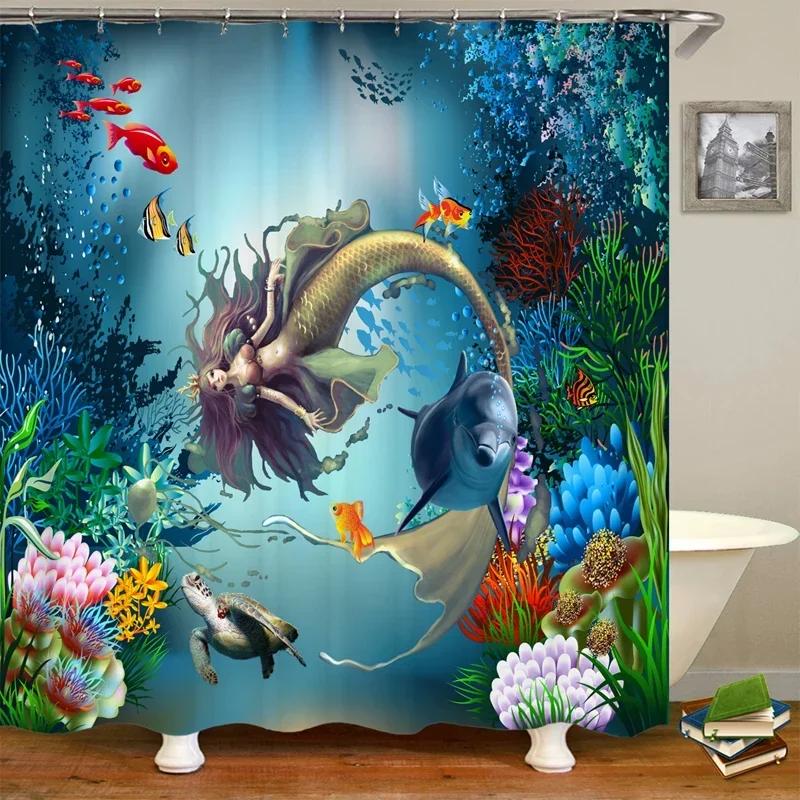Dolphin Shower Curtain Sea Theme Shower Curtain Hook Washable Dolphin Waterproof 3D Animals Shower Curtain for Bathroom Decor