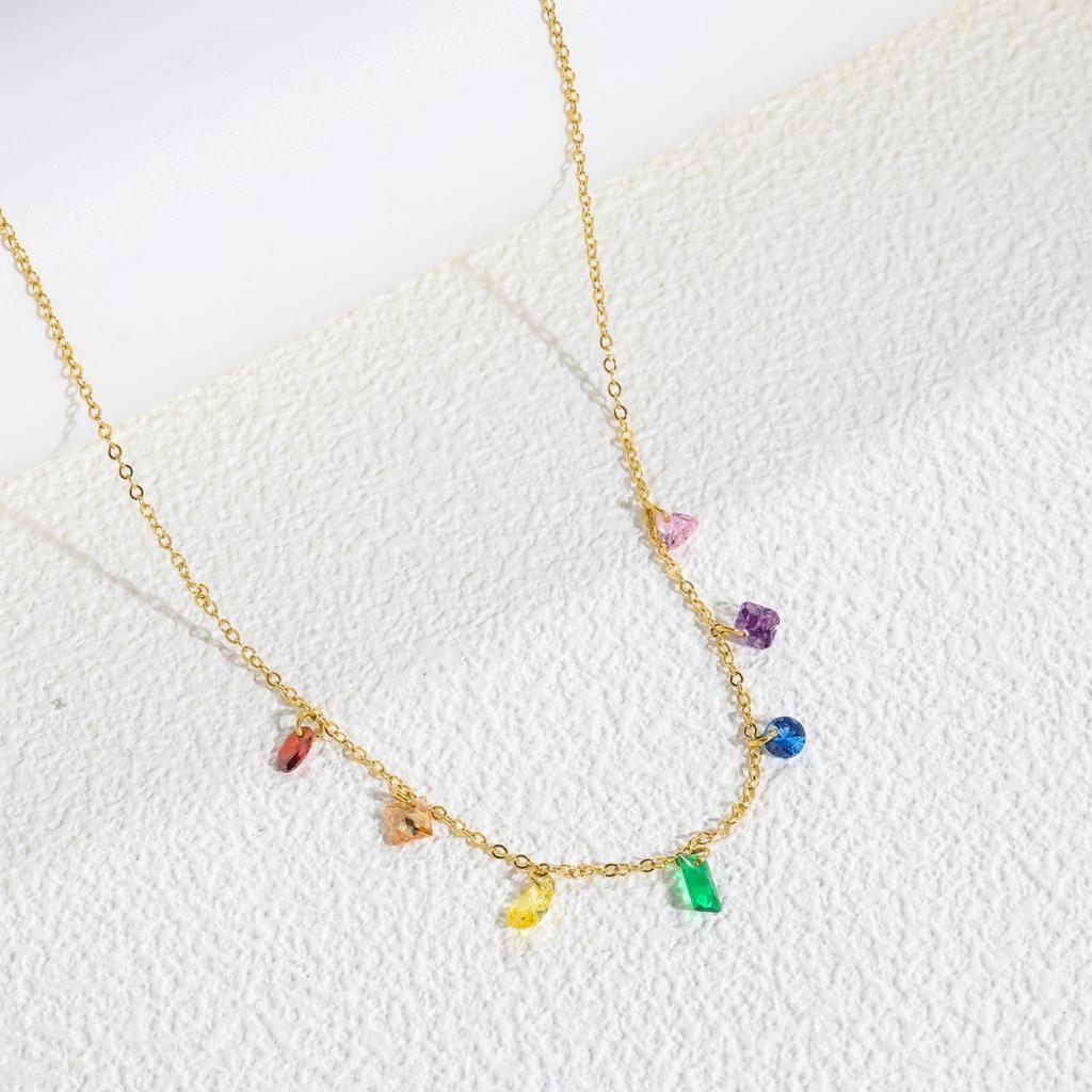 Full Diamond Necklace, Colored Gemstone Necklace, Stacked Temperament Titanium Steel 18K Gold Zircon Necklace Does Not Fade Women