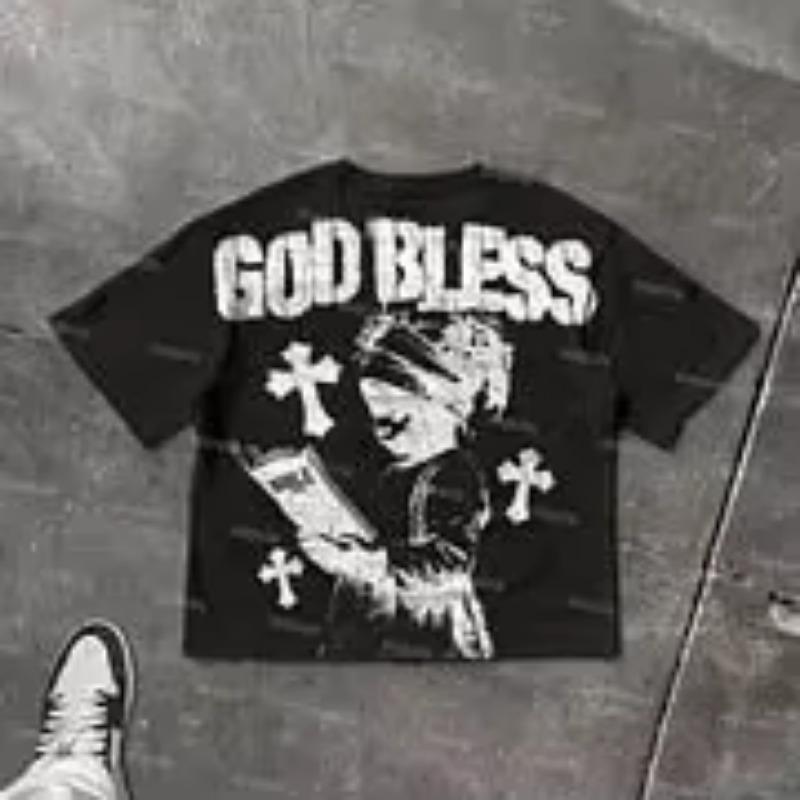 God Bless Children's Prayer Graphic Print Cotton T-shirt Men Women High Quality Tops Vintage Style T Shirt Outside