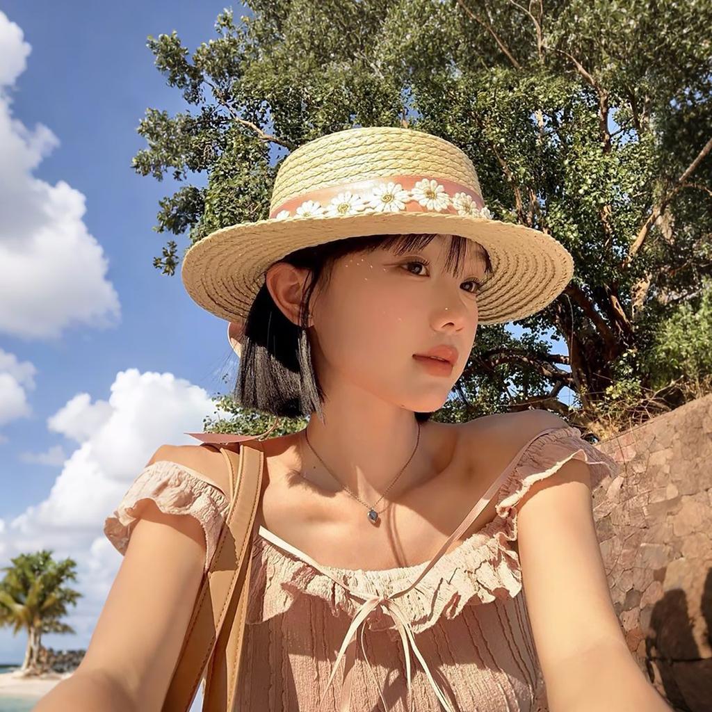 Fashion Flat Top Straw Hat for Women Floral Ribbon Bowknot Summer Large Brim Sunscreen Fisherman Cap Sweet Girls Travel Hat