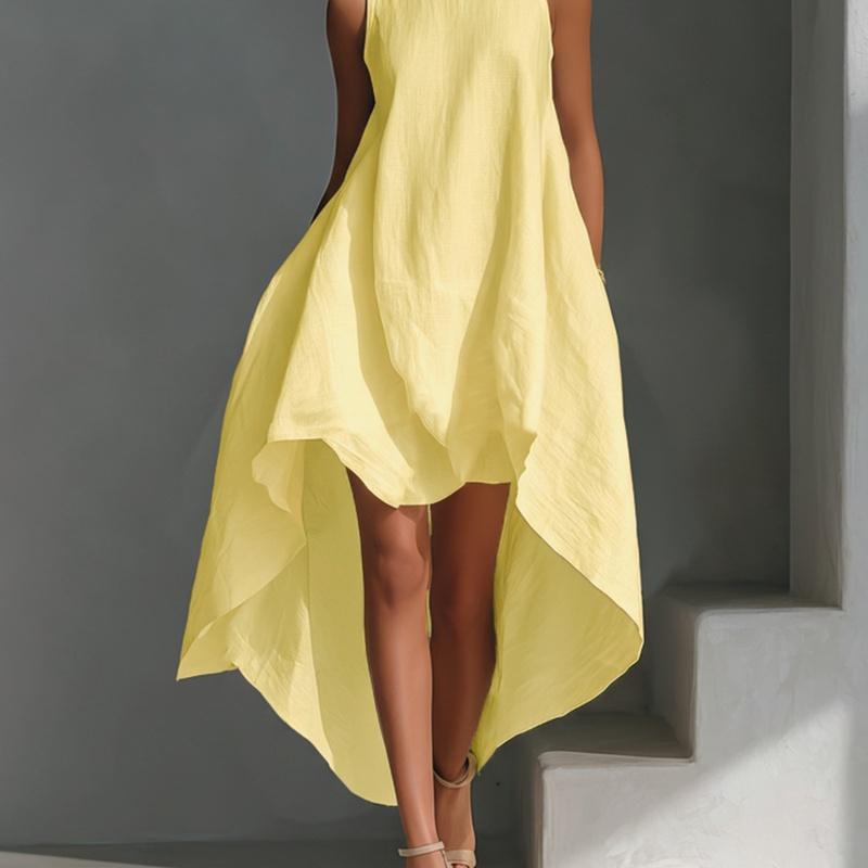 Women s White Linen Fabric Sleeveless Midi Dress Flowy Beach Vacation Sundresses Asymmetrical Hem Tank Dress Travel Outfits XXXL
