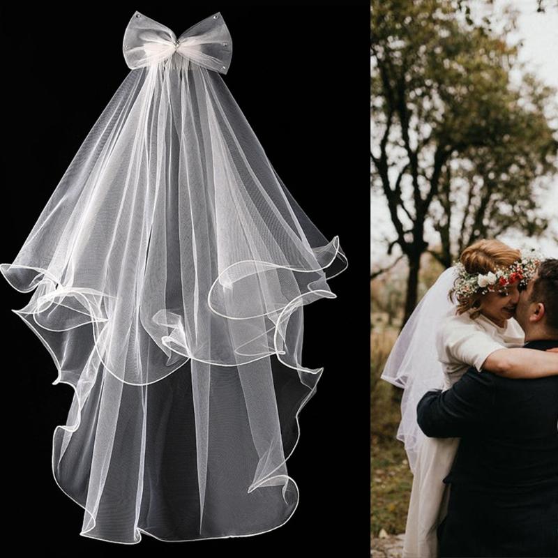 2 Tier Wedding Veil with Comb for Girls Communion Veil Bow Adorned by for Rhinestone Short Length Curly Edge Tulle Veil