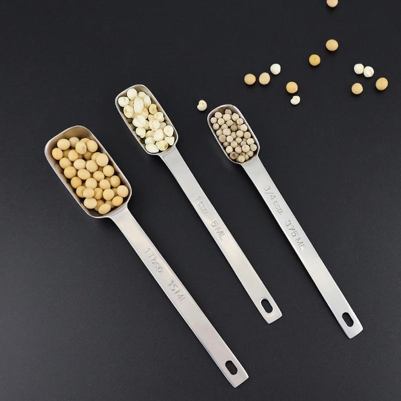 1Pc 304 Stainless Steel Rectangular Kitchen Measuring Spoons With Scale For Coffee Graduated Spoon Powder Coffeeware