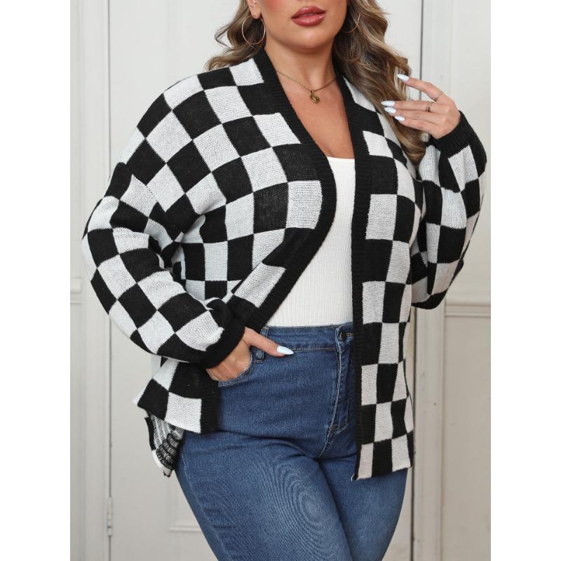 Damen S Übergröße Schachbrettmuster Farbblock Locker gestrickter Cardigan