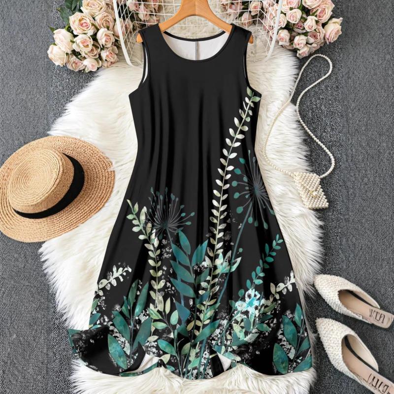 Women's Summer Sleeveless Mid Dress Crew Neck Sleeveless Printed Beach Dress