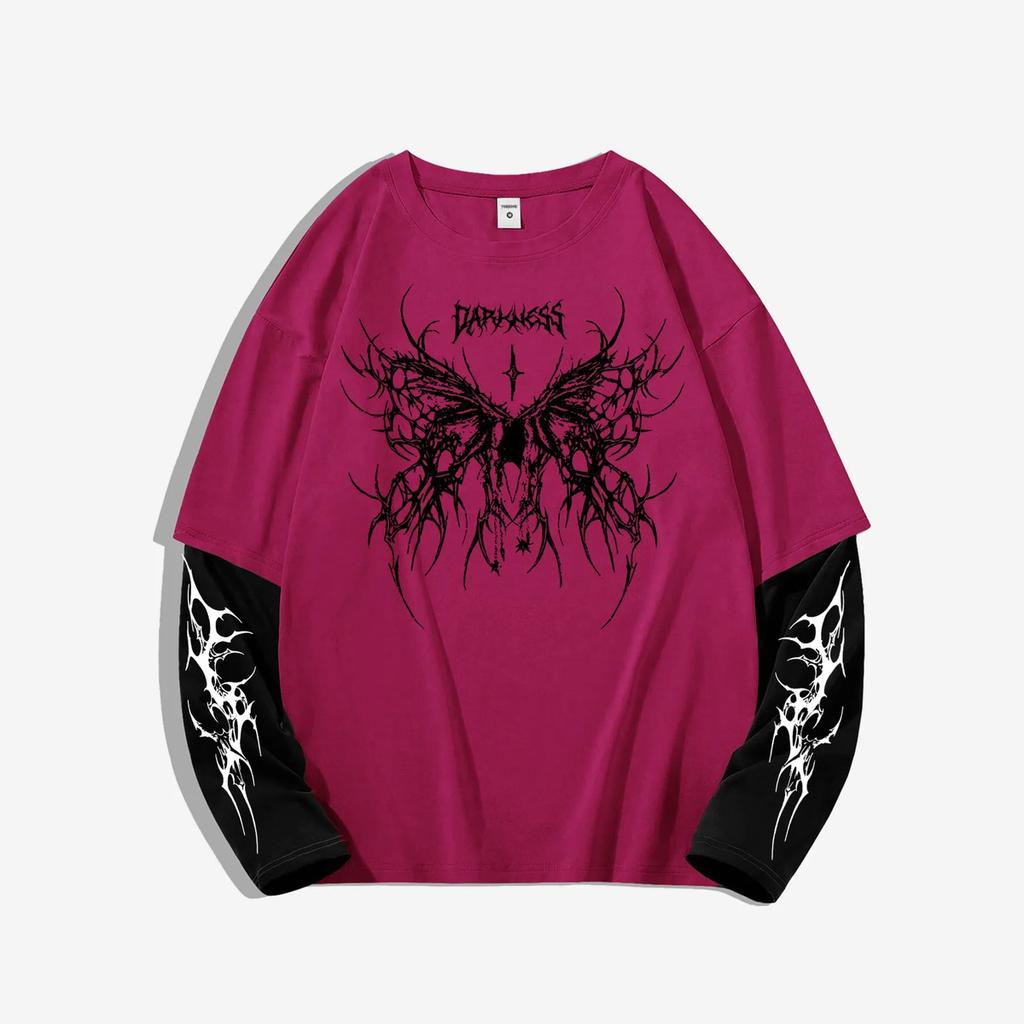 Herren Dark Aesthetic "Darkness" Grafik Langarmshirt, Gespickter Schmetterling Fake Layer Streetwear Oberteil