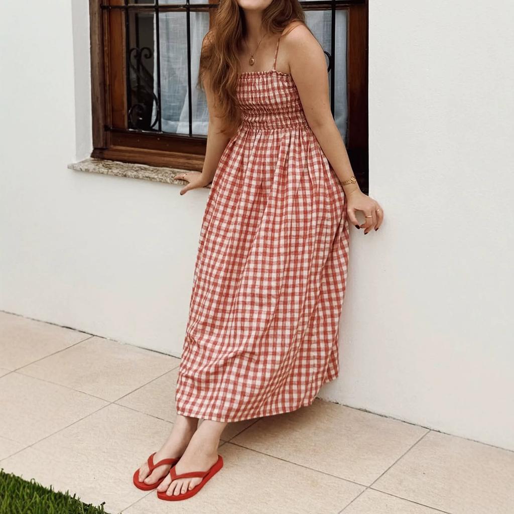 Women Casual Plaid Cinched Waist Spaghetti Strap Long Maxi Dress For Daily Vacation