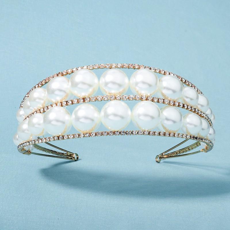 Exaggerated Headwear Design Headband Wide-sided Fashionable Retro Rhinestones Bride Crown Double-layer Pearl