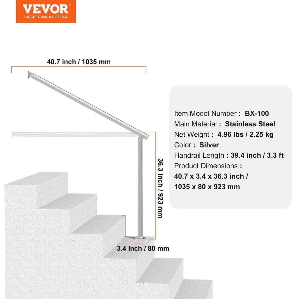 39.4in 100cm Handrails for Outdoor Steps for Porch Deck Stainless Steel