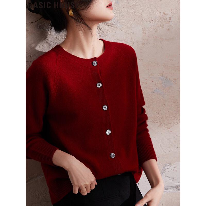 Basic House Women s Red Lambswool Knit Cardigan L