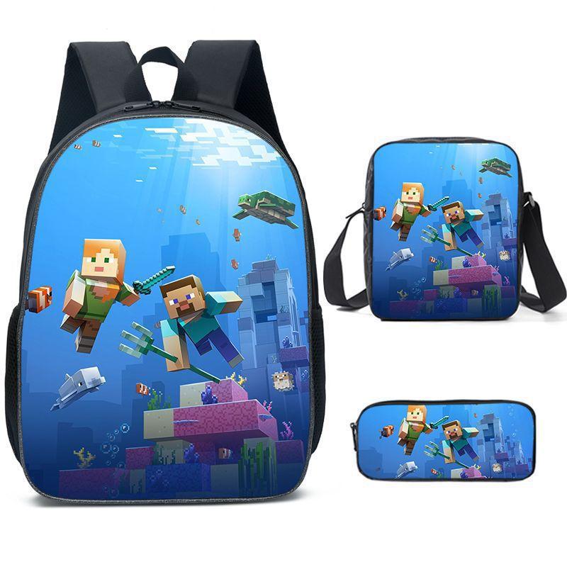 Minecraft Cartoon Print Backpack Set 3-Piece Student School Bag Water-Resistant Large Capacity Unisex