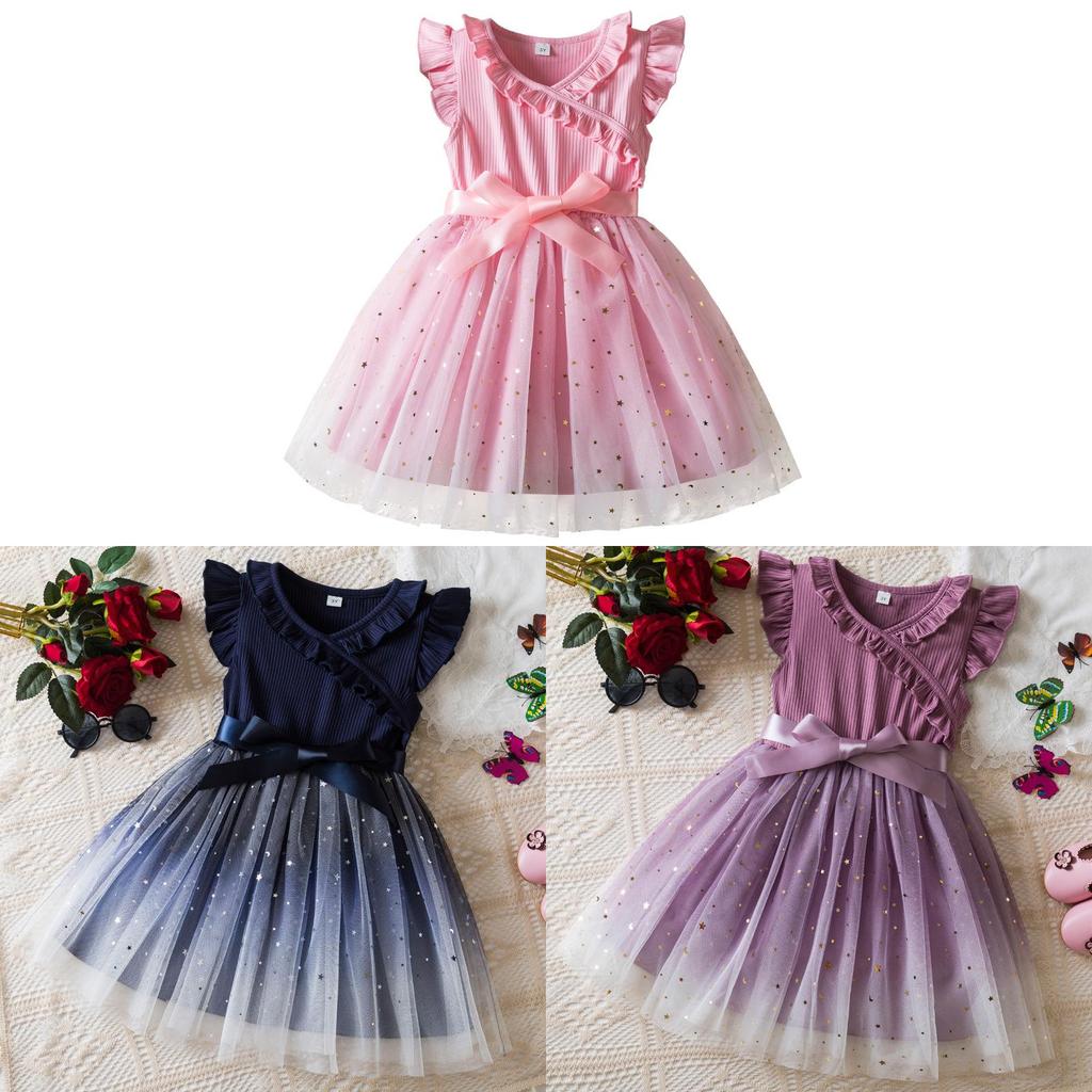 Princess Girl Summer Dress With Glitter Star Sequins And Pleated Cotton Blend