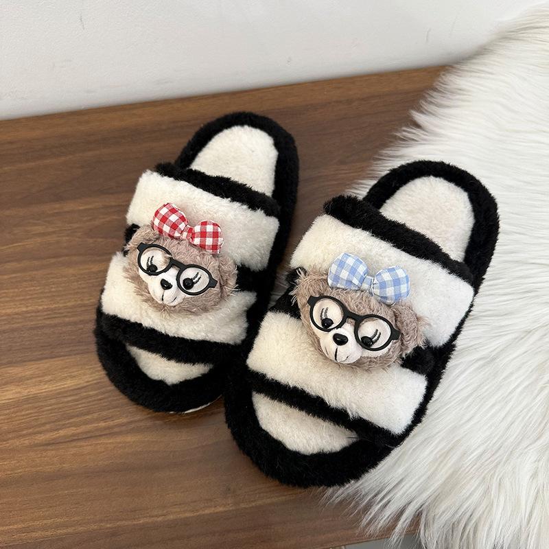 Autumn and winter cute cartoon plush warm home indoor cotton slippers women's one-word non-slip fluffy slippers women's winter