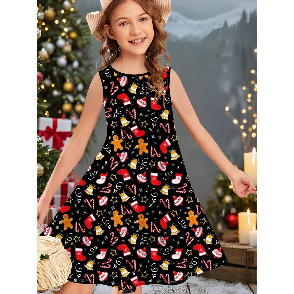 Girl's Summer Cute Christmas Print Sleeveless Vest Dress Fashionable Round Neck Casual Comfortable Soft Breathable Mini Dress