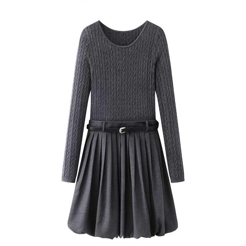 

2026 Spring College Style Knit Patchwork Waist-Cinched Dress - Two-Piece Look, Bud Shape L86C117 L серый