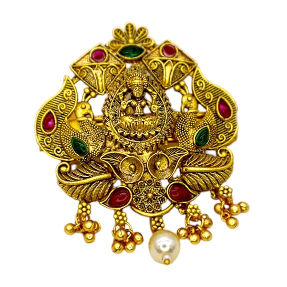 Traditional Temple Design Gold-Plated Hair Barrette Clip with Pearl Dangling Accents