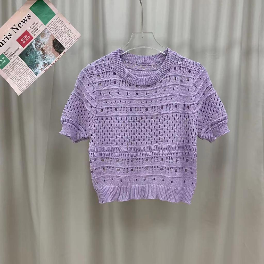 Design Printemps Été Sens du Design Creux Manches Bouffantes Style Étranger Pull Court en Maille Fin Polyvalent Col Rond Hauts Pulls Décontractés pour Femmes T-shirts