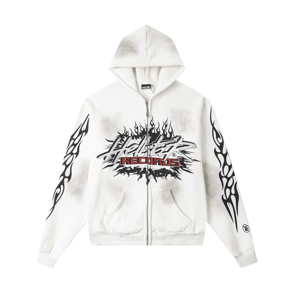 Hellstar Ausgefranster Retro Lockerer Reißverschluss Reiner Baumwoll Hoodie - Amerikanischer Hip Hop Stil