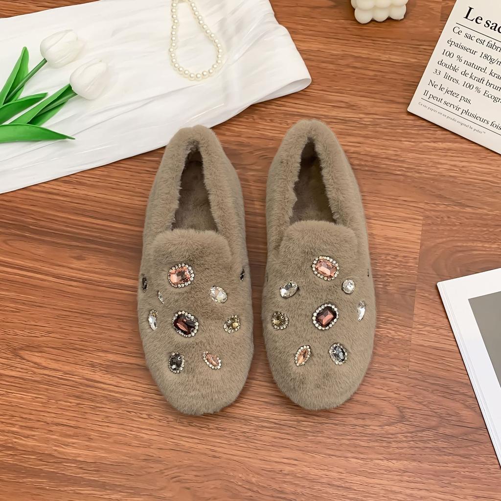 Winter New Thick-soled Fluffy Shoes Women's Korean Version of Thick Plush Warm Shoes Sparkling Diamond Fashionable Outer Wear Women's Shoes Velvet