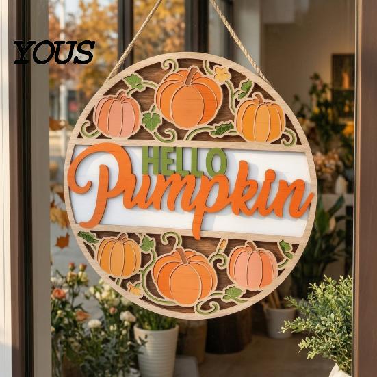 Country Style Porch Sign Autumn Harvest Wooden Wreath Pendant, Front Door Hanging Ornaments with Hemp Rope, Natural Wood Pastoral Decor Pumpkins Maple