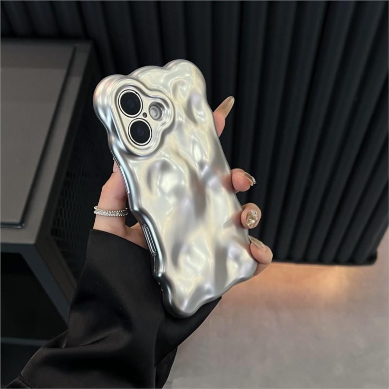 Luxury Glossy Reflective Tinfoil Wave Pattern Case For iPhone 16 Plus 15 14 13 12 Pro Max 11 3D Curved Bright Plating Cover