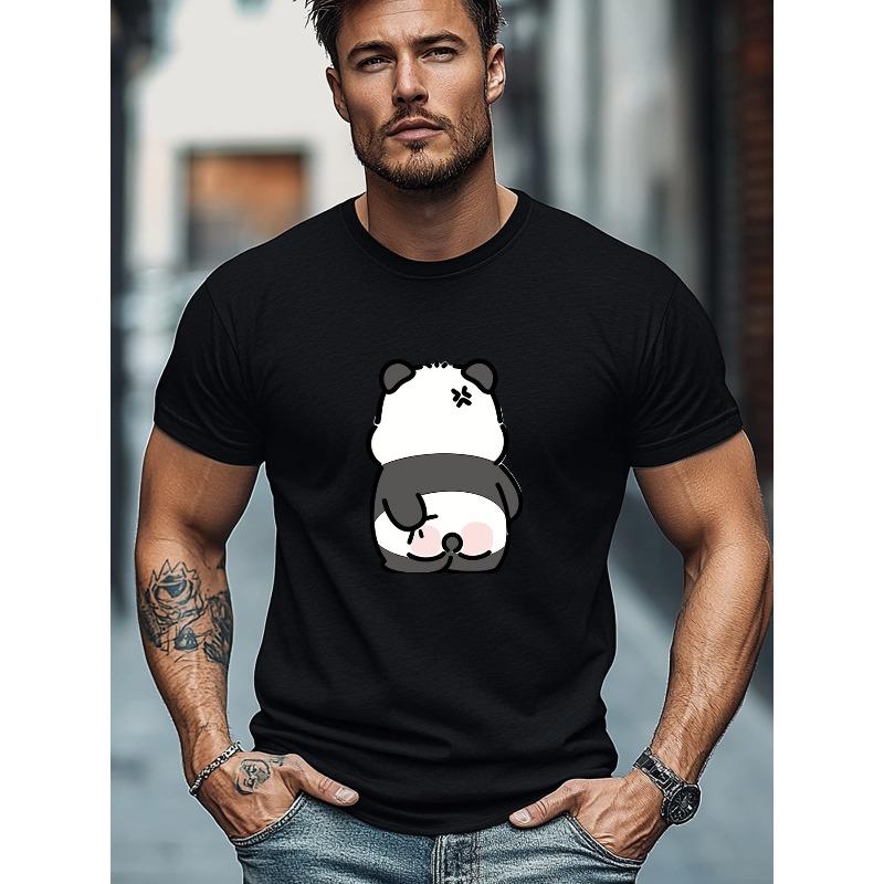 Europäische Größe Locker und Lässig, Bequem und Vielseitig, Herren Niedliches Cartoon-Panda Rückansicht Muster Sommer Lässiges Rundhals Kurzarm T-Shirt
