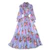 Stand Collar A- Line Printed Chiffon Pleated Elegance Dress