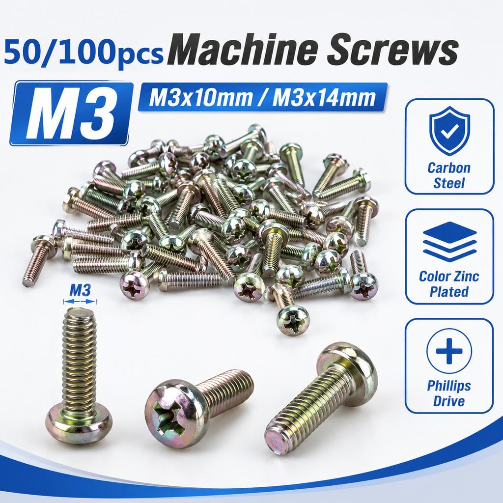 50-100pcs M3Carbon Steel with Zinc Plating Phillips Pan Head Machine Screw Length 10mm 14mm