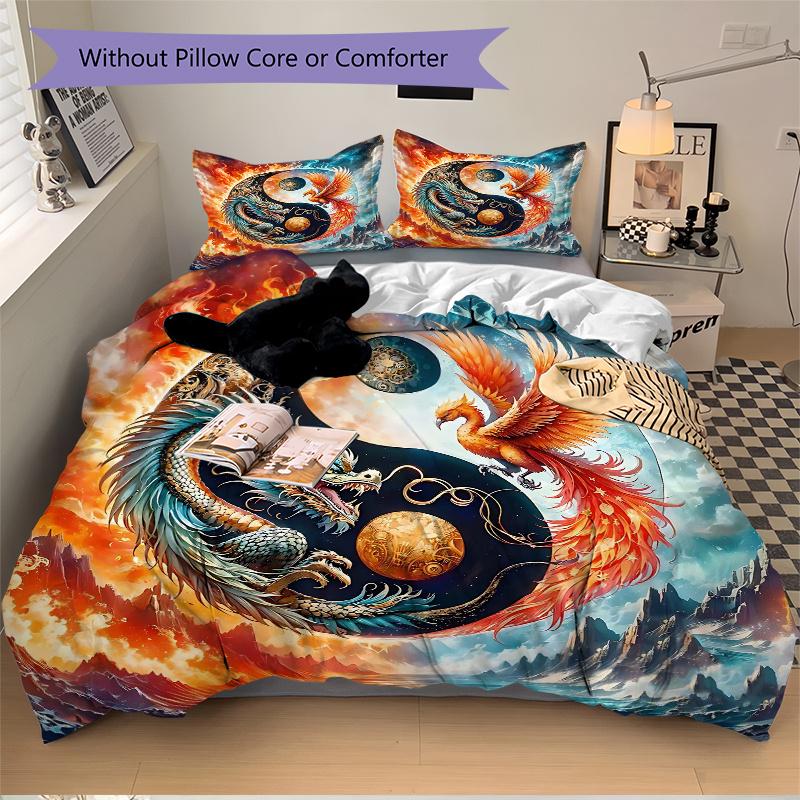 3pcs Dragon and Phoenix In Cosmic Balance Quilt Set Cartoon Themed Bed Quilt Set Lovely Character Bedroom Decor Bed Quilt Set Four Seasons (1 Cov
