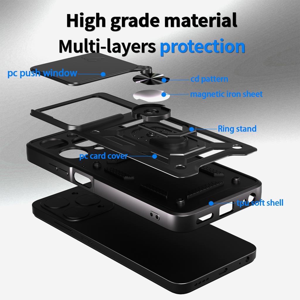 For itel A90 4G Case with Slide Camera Lid PC+TPU Kickstand Phone Cover