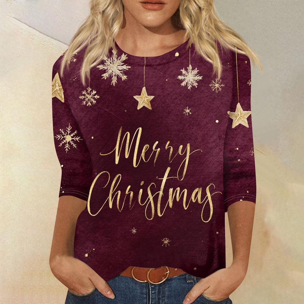 Women's Fashion Casual Round Neck Three-quarter Sleeve Christmas Print T-shirt Top