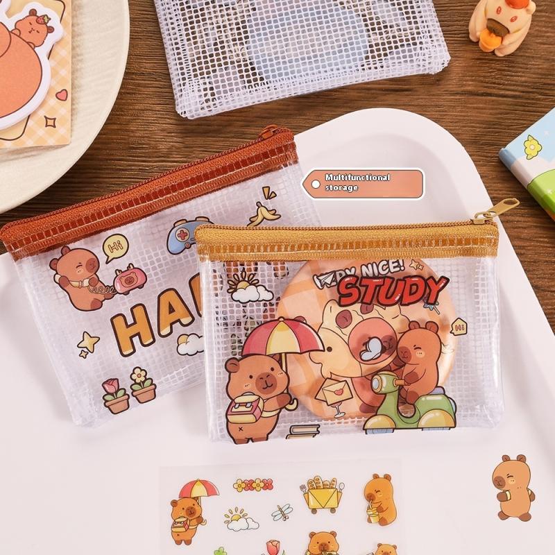2Pcs Cute Capybara Coin Storage Bag Transparent Mesh Zipper Coin Purses Cartoon Wallet Portable Waterproof Clear Bags Gifts