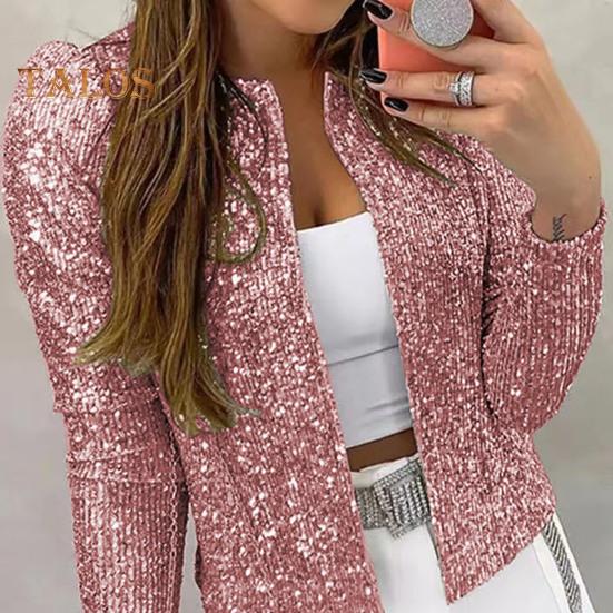 Frühling Herbst Dame Mantel Pailletten Schneiden Lange Ärmeln Offenen Stich Strickjacke Club Party Leistung Kurze Art Jacke