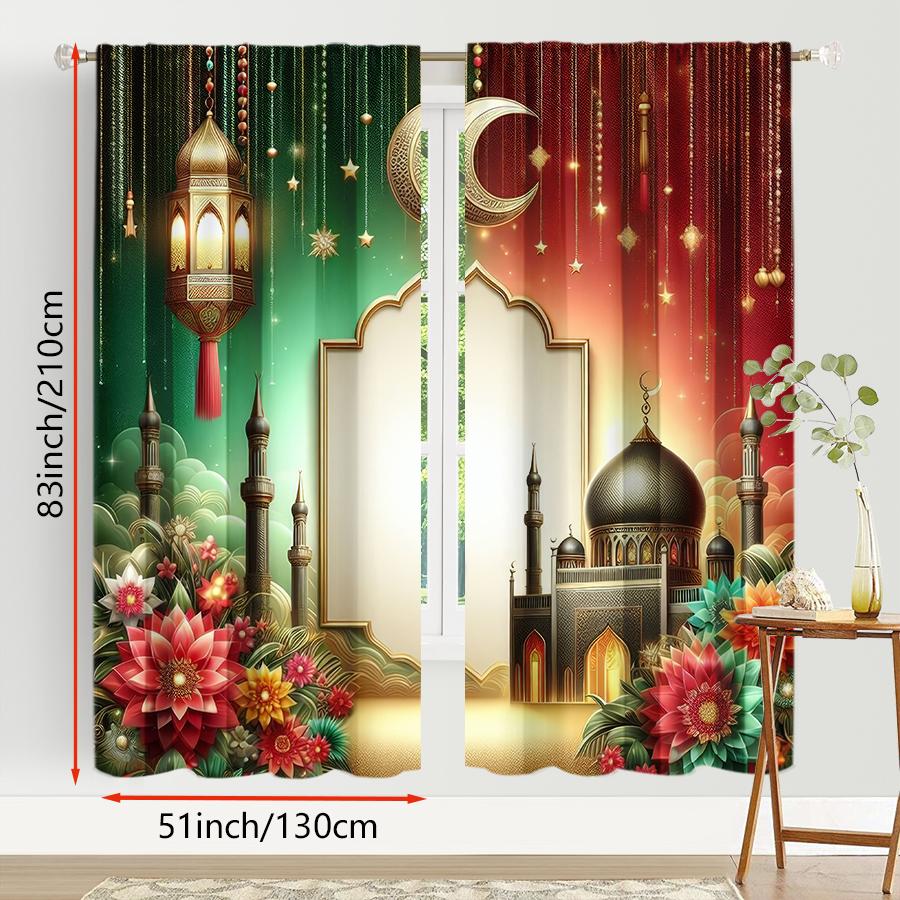 2PCS Red Green Contrasting Islamic Curtains   Gorgeous Style   Bedroom and Living Room   Decorative Curtains with Drawbar Pockets