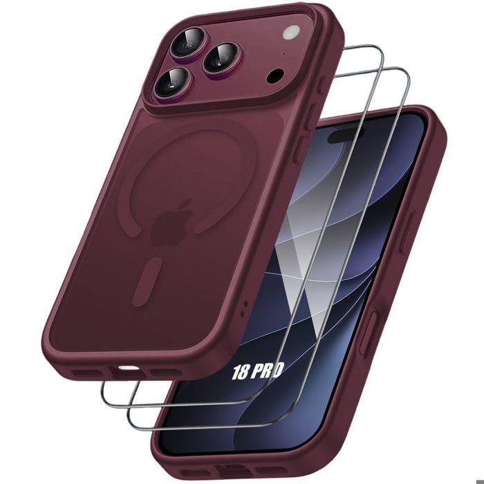 Case + 2 Tempered Glasses for iPhone 18 Pro, Anti-Scratch Protection with Magnetic Circle Bordeaux