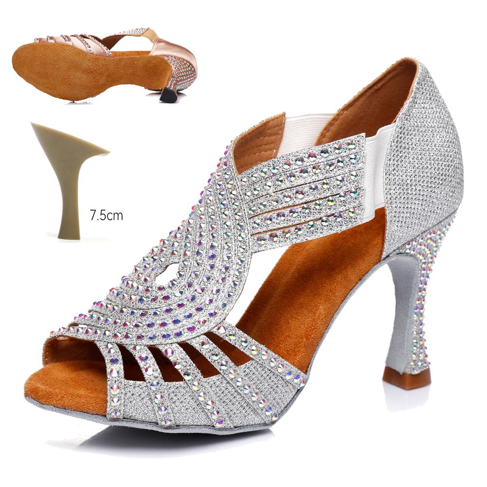 

Satin Latin Dance Shoes for Women Adult Sexy High Heels Rhinestones Ballroom Dance Shoes Tango Salsa Heeled 7.5cm 41 серебряный