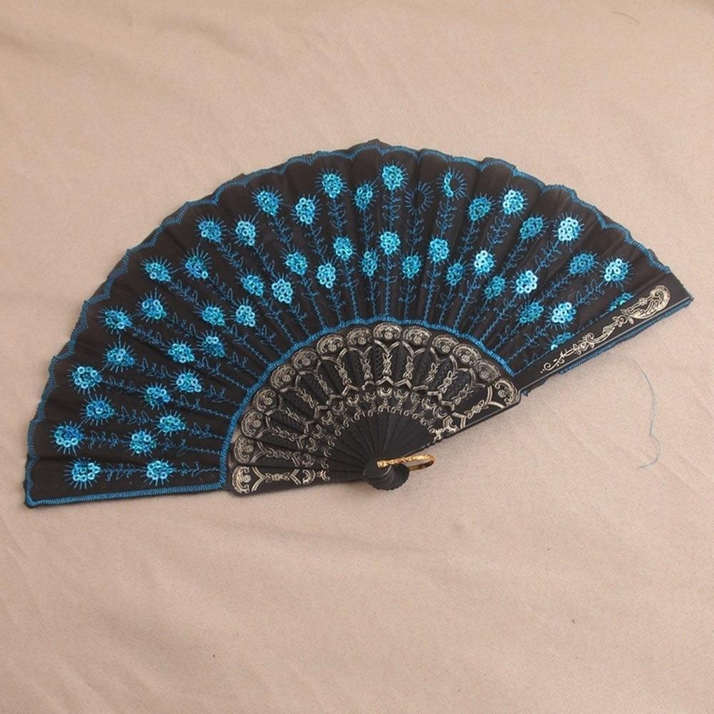 Folding Sequin Fan Peacock Pattern Handheld Fan Festival Fan Chinese Folding Fan Wedding Party синий
