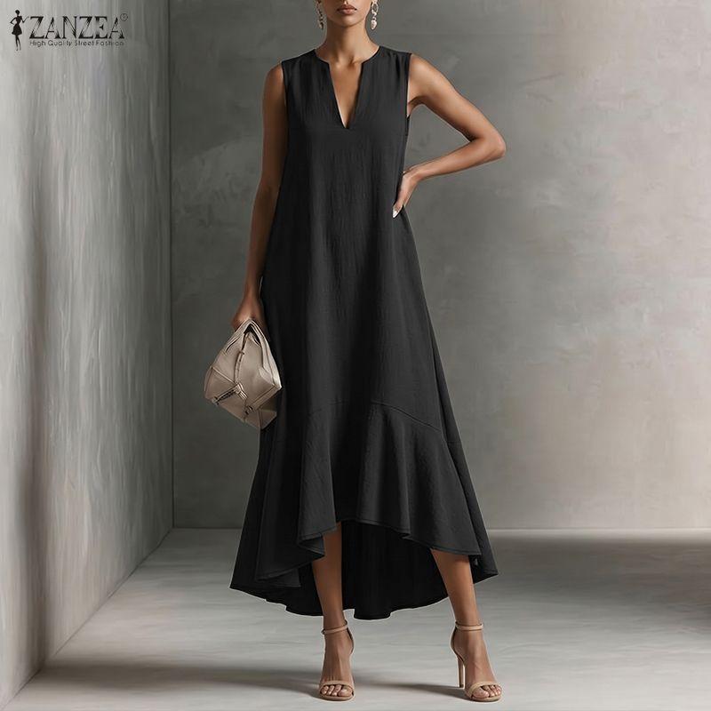 ZANZEA Women Elegant Casual V-Neck Solid Color Loose Sleeveless Dress