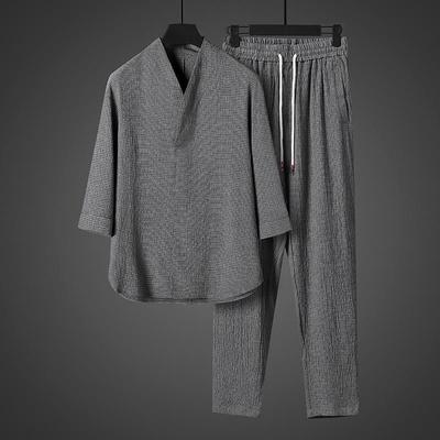 Tendance Mode Été Couleur Unie Soie Glacée Respirant Deux Pièces Homme Loisirs Ample Sport Grande Taille