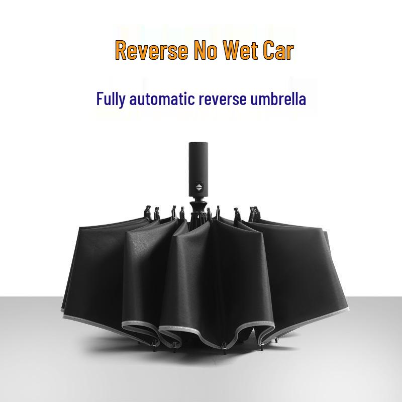 Three-Fold Automatic Reverse Umbrella with Reflective Edging & LED Light, Customizable Logo, All-Weather Protection for Business Use